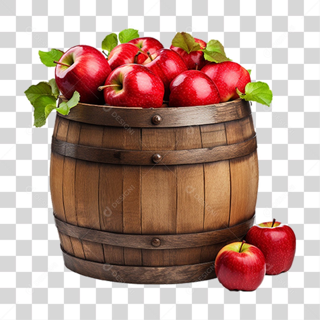 Barril de Madeira com Maçãs PNG Transparente