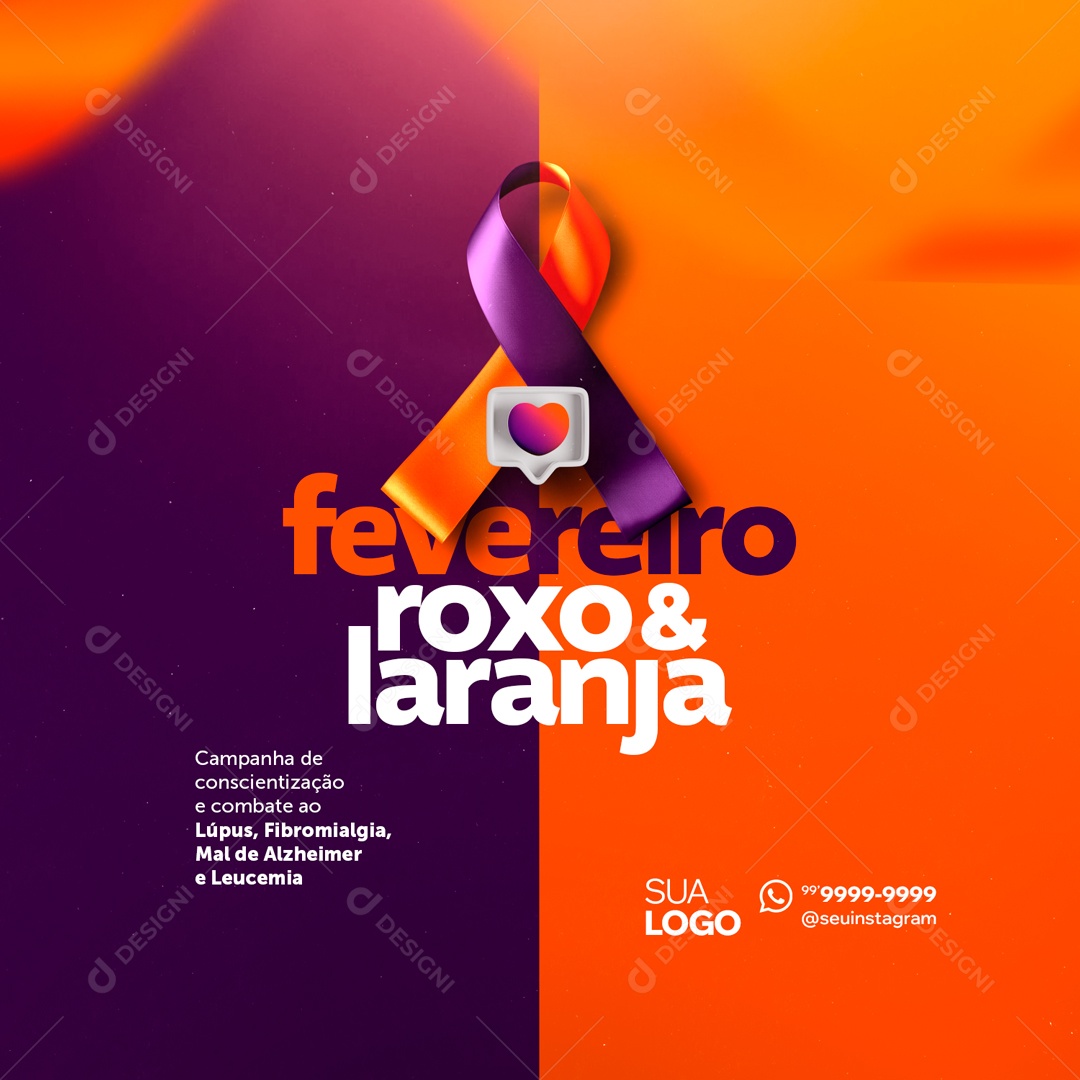 Fevereiro Roxo e Laranja Mês de Conscientização e Combate Social Media PSD Editável