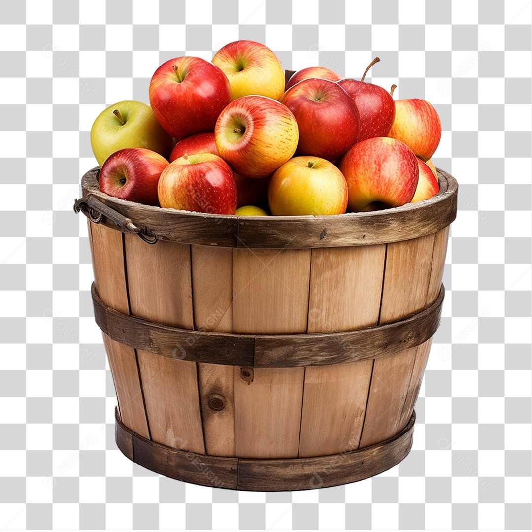 Barril de Madeira com Maçãs PNG Transparente