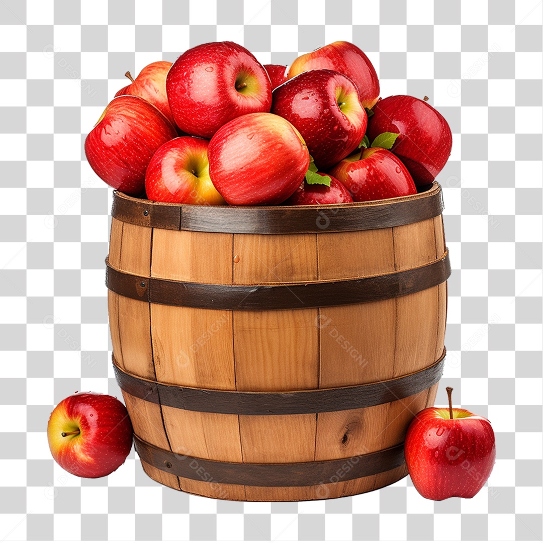 Barril de Madeira com Maçãs PNG Transparente