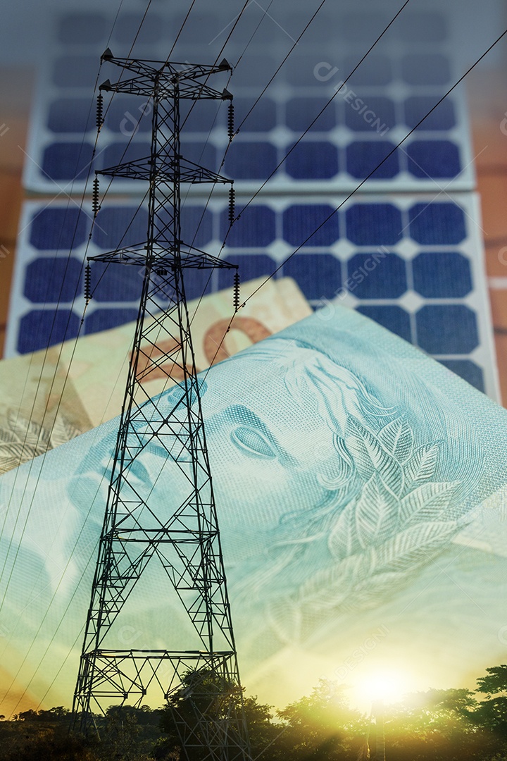 Energia crise de energia no brasil dupla exposição Imagem com dinheiro bandeira e painel solar fotovoltaico IA generativa