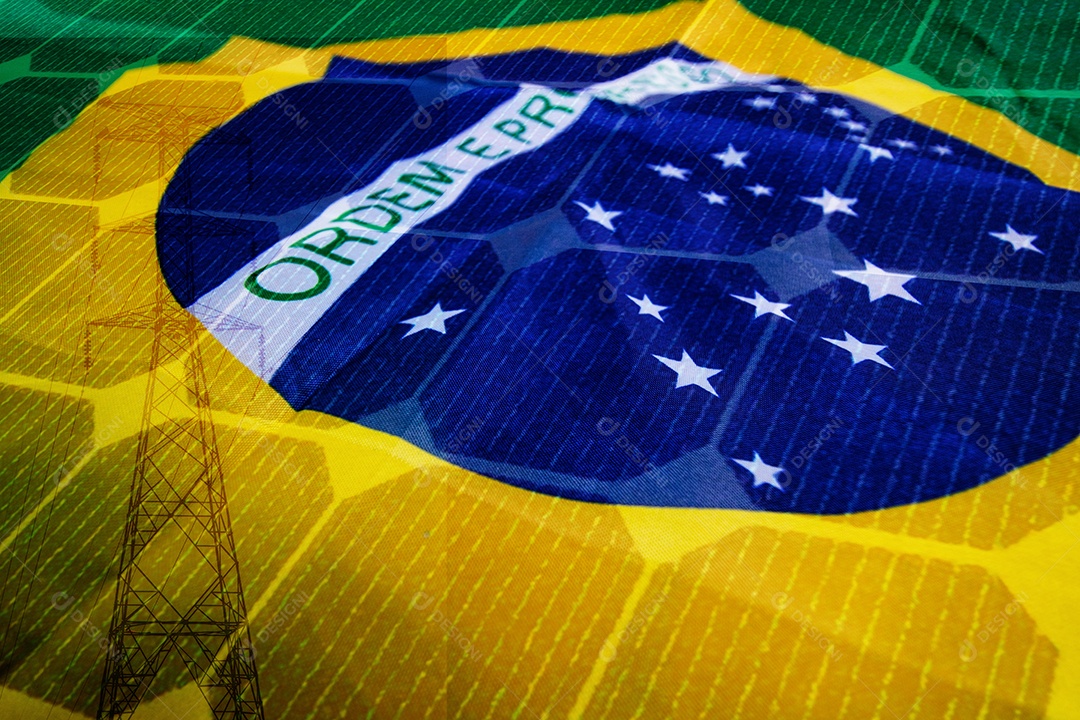 Energia crise de energia no brasil dupla exposição Imagem com dinheiro bandeira e painel solar fotovoltaico IA generativa