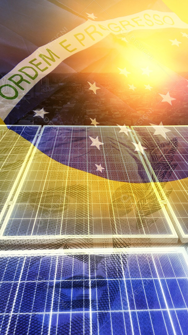 Energia crise de energia no brasil dupla exposição Imagem com dinheiro bandeira e painel solar fotovoltaico IA generativa
