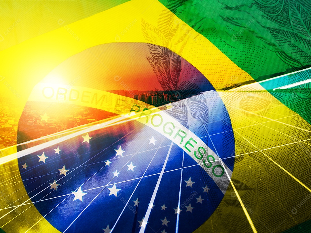 Energia crise de energia no brasil dupla exposição Imagem com dinheiro bandeira e painel solar fotovoltaico IA generativa