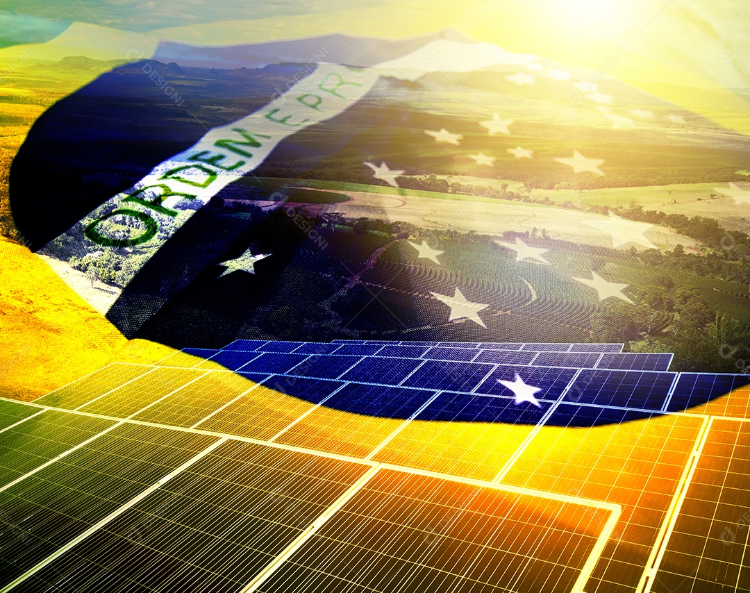 Energia crise de energia no brasil dupla exposição Imagem com dinheiro bandeira e painel solar fotovoltaico IA generativa