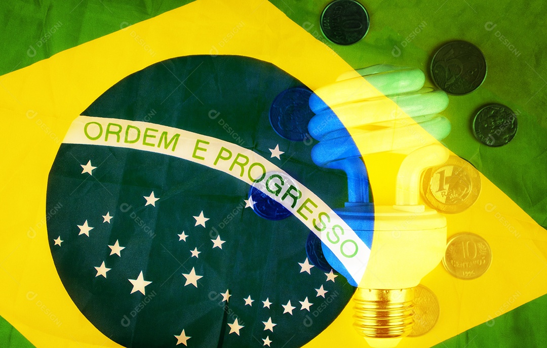 Energia crise de energia no brasil dupla exposição Imagem com dinheiro bandeira e painel solar fotovoltaico IA generativa