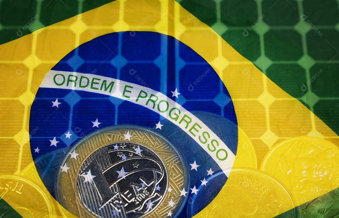 Energia crise de energia no brasil dupla exposição Imagem com dinheiro bandeira e painel solar fotovoltaico IA generativa