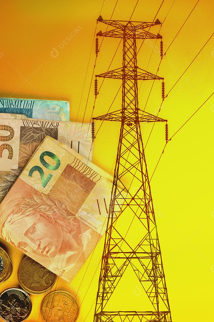 Energia crise de energia no brasil dupla exposição Imagem com dinheiro bandeira e painel solar fotovoltaico IA generativa