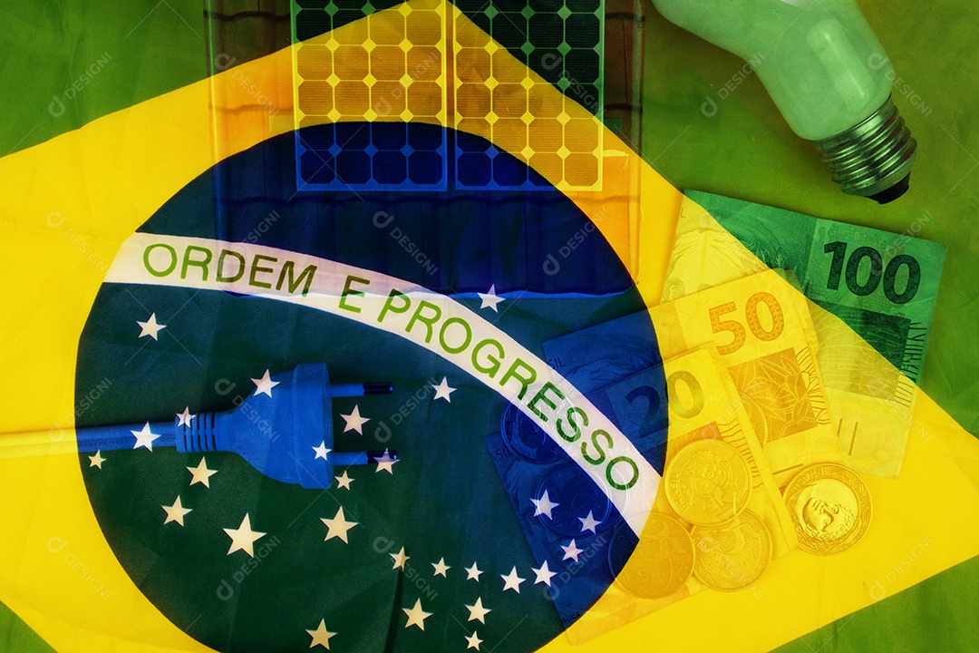 Energia crise de energia no brasil dupla exposição Imagem com dinheiro bandeira e painel solar fotovoltaico IA generativa
