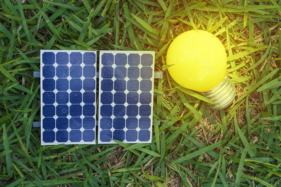 Segurando uma lâmpada ao lado de um painel solar fotovoltaico em fundo de grama