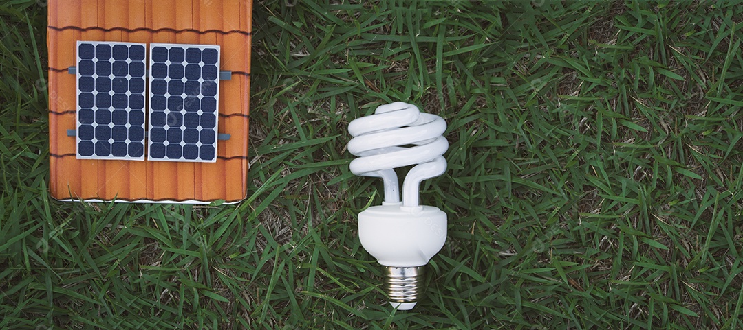 Segurando uma lâmpada ao lado de um painel solar fotovoltaico em fundo de grama