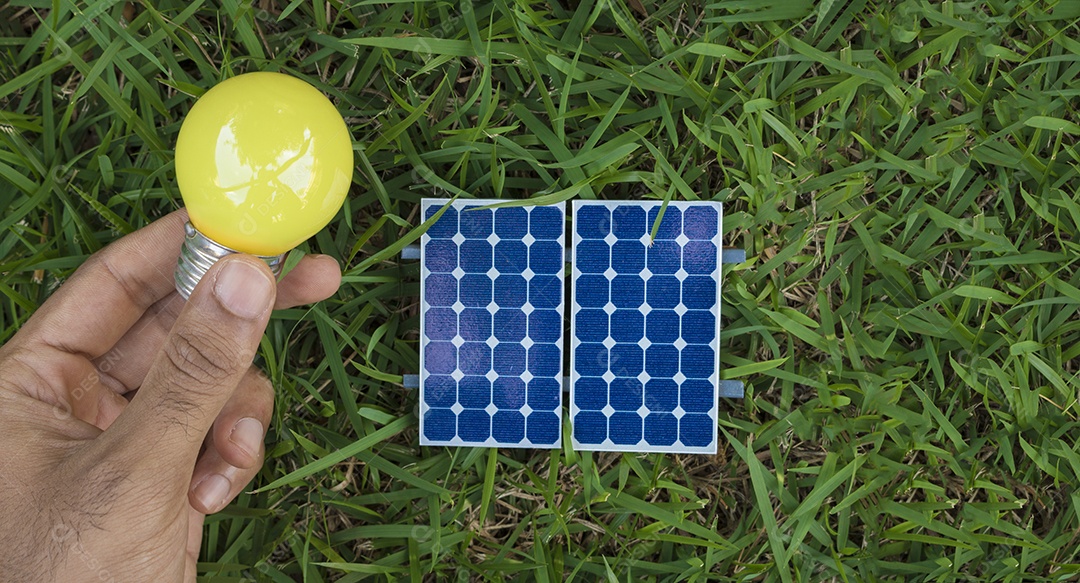 Segurando uma lâmpada ao lado de um painel solar fotovoltaico em fundo de grama