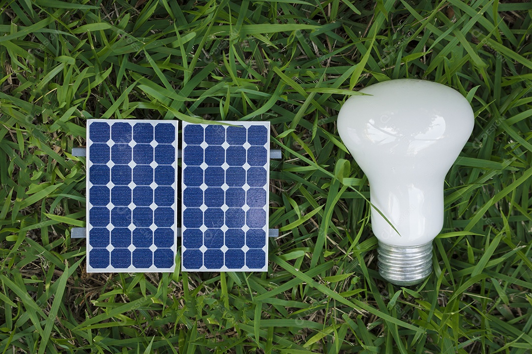 Segurando uma lâmpada ao lado de um painel solar fotovoltaico em fundo de grama