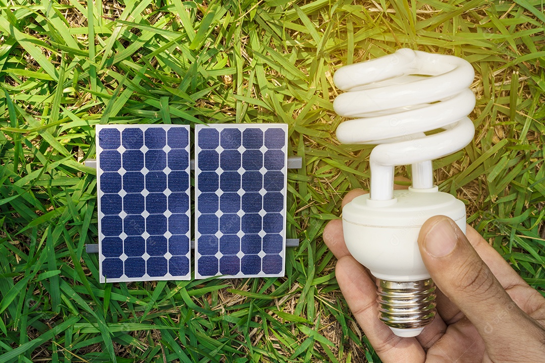 Segurando uma lâmpada ao lado de um painel solar fotovoltaico em fundo de grama