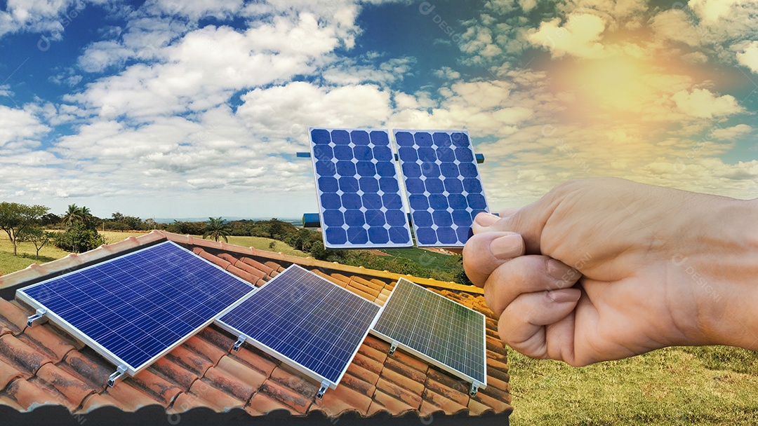 Instalação de usina fotovoltaica no telhado de um edifício residencial em dia ensolarado  imagem conceitual de energia solar