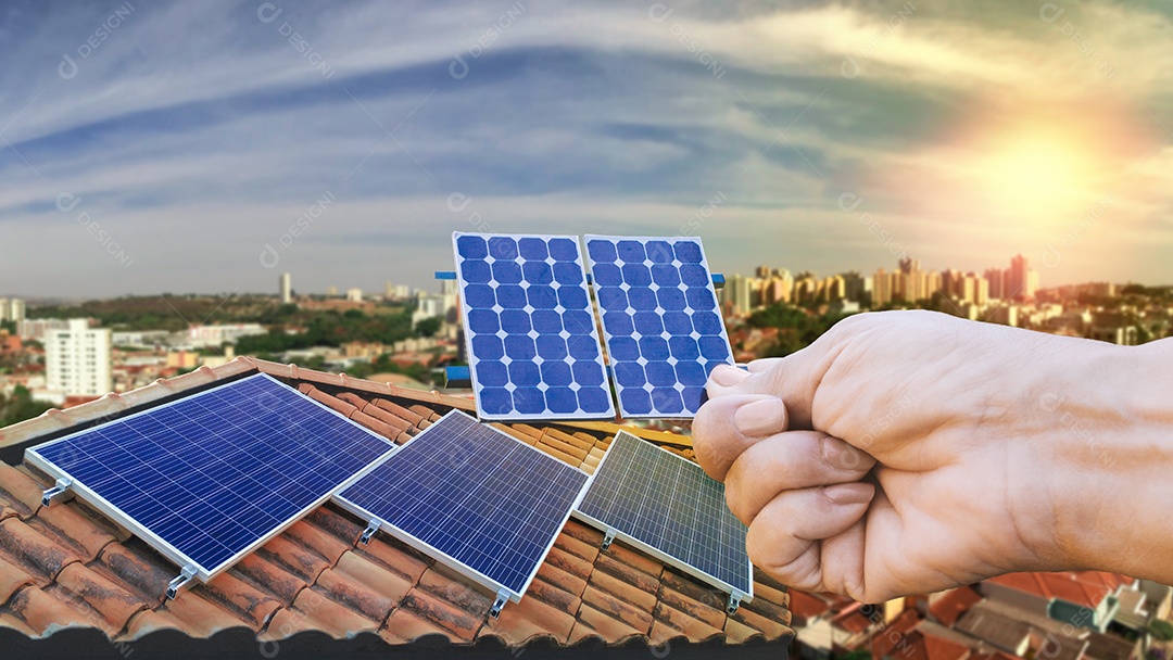 Instalação de usina fotovoltaica no telhado de um edifício residencial em dia ensolarado  imagem conceitual de energia solar