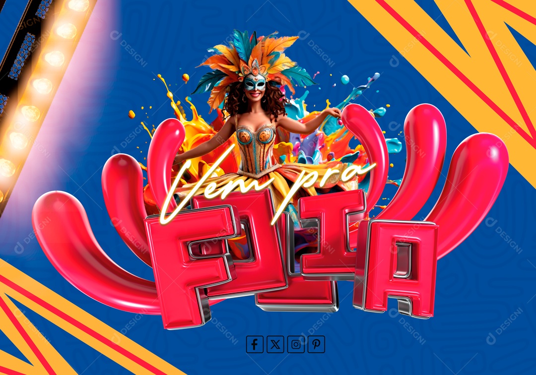 Vem para Folia Selo 3D Dourado Rosa para Composição PSD