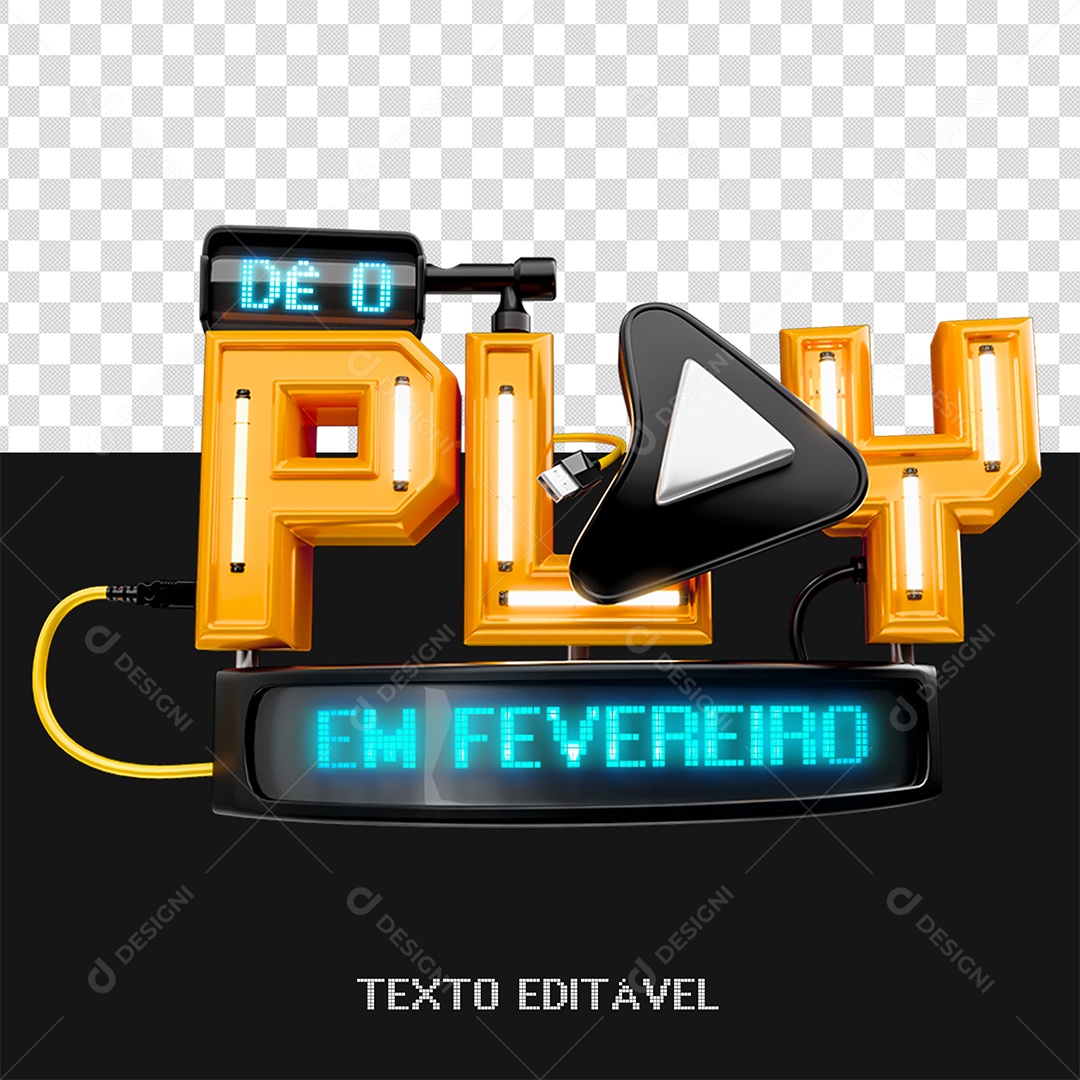 Selo 3D Dê o Play Em Fevereiro Laranja e Azul para Composição PSD