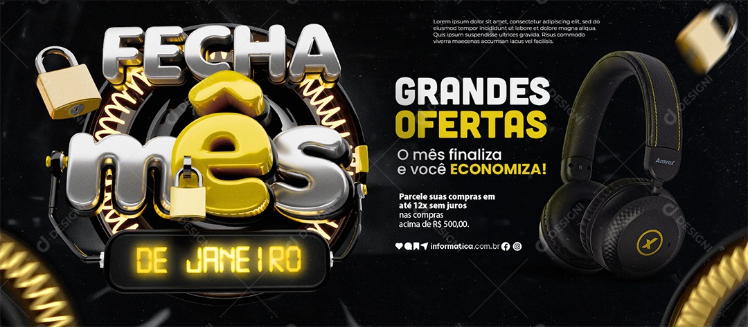 Banner Fecha Mês De Janeiro Grandes Ofertas Fone Headset Social Media PSD Editável
