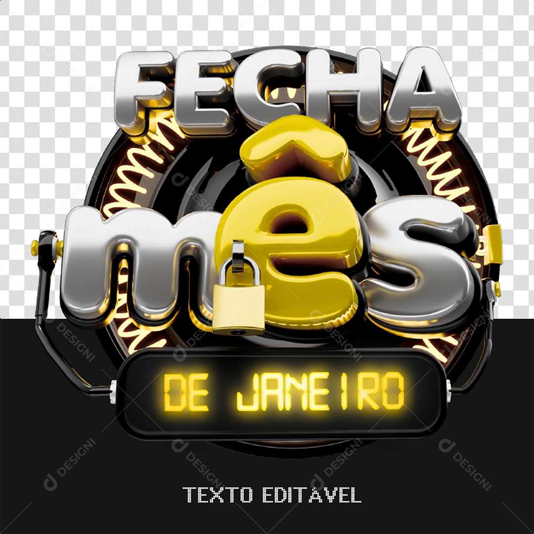 Fecha Mês De Janeiro Selo 3D Cinza Amarelo e Preto para Composição PSD