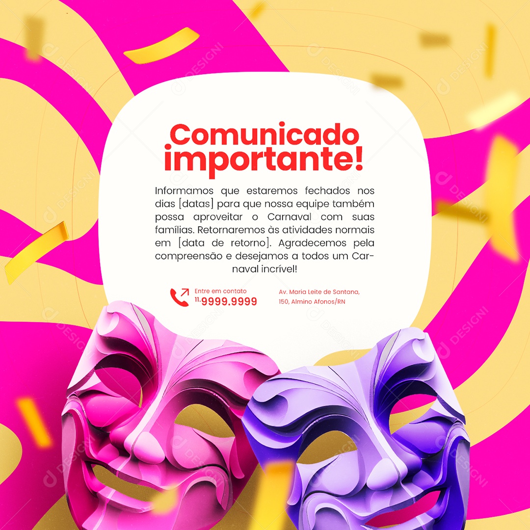 Comunicado Importante Carnaval estaremos fechados Social Media PSD Editável