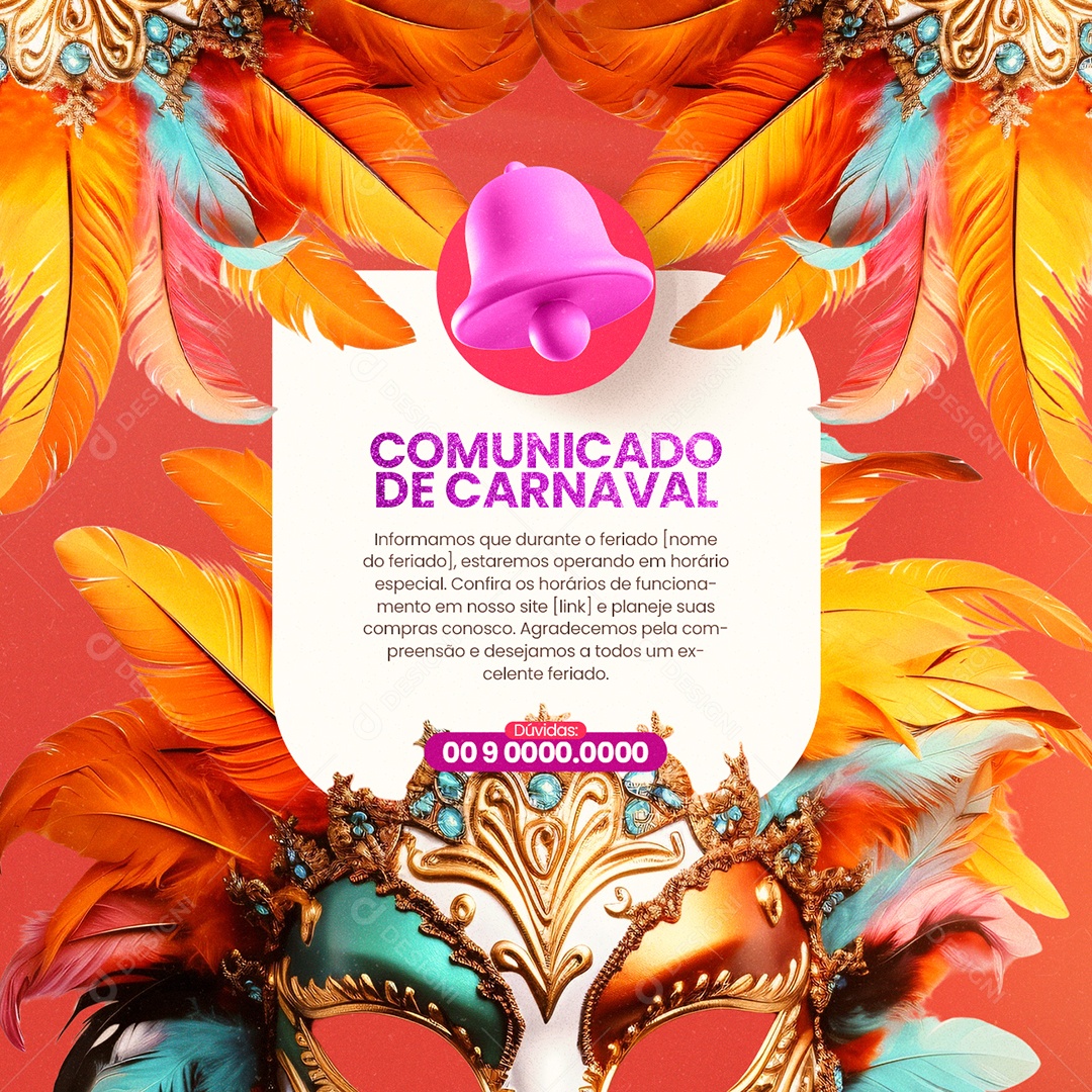 Comunicado De Carnaval Feriado horário especial Social Media PSD Editável