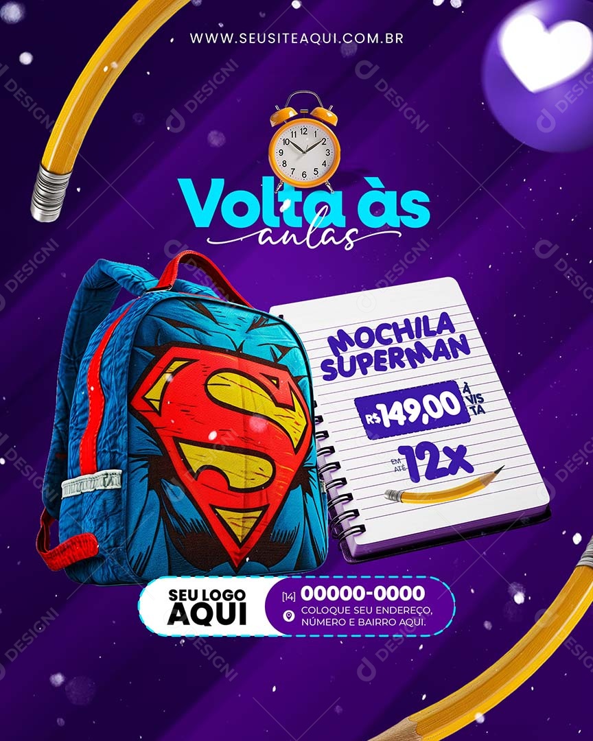 Volta às Aulas Mochila Superman 149,00 Social Media PSD Editável