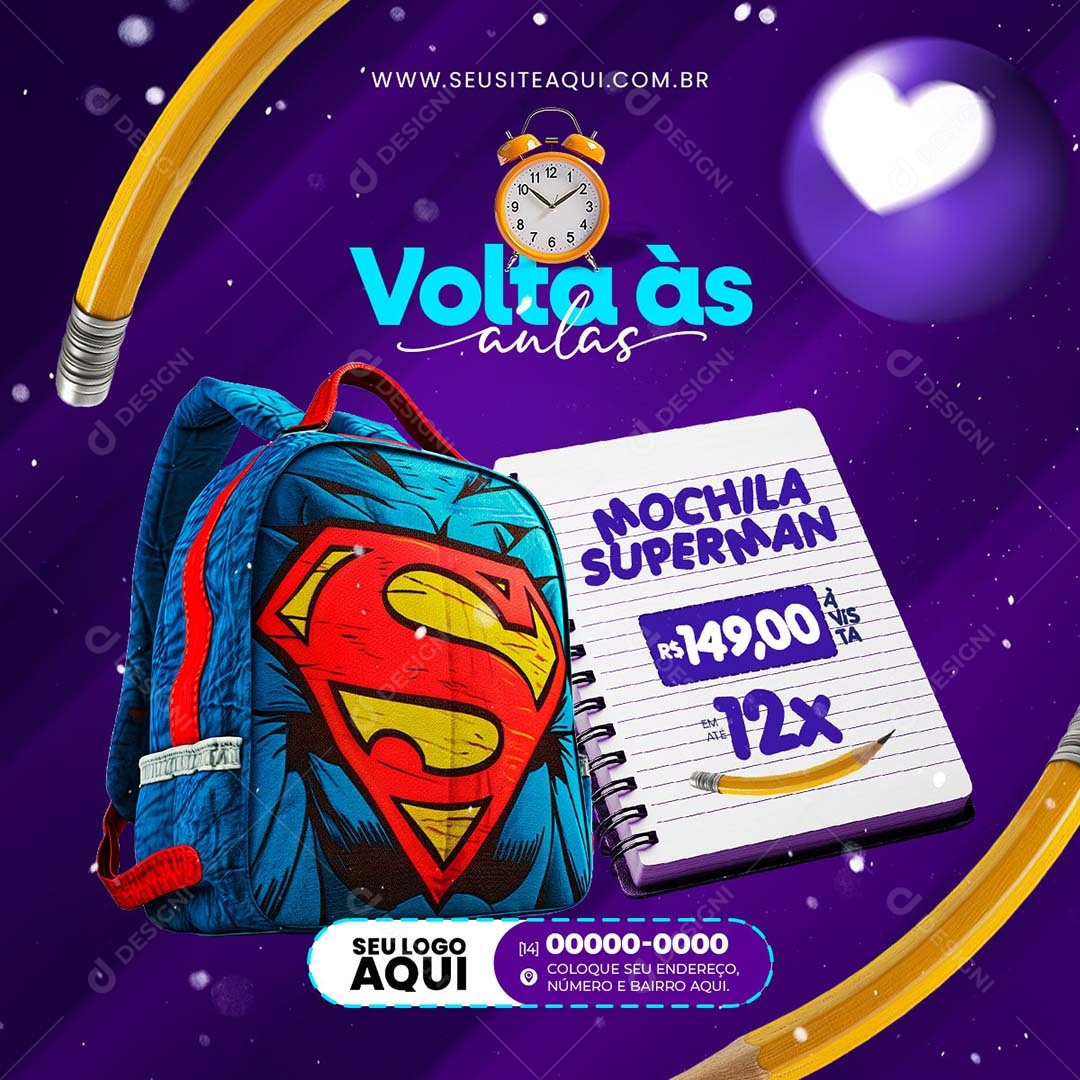 Feed Volta às Aulas Mochila Superman 149,00 Social Media PSD Editável