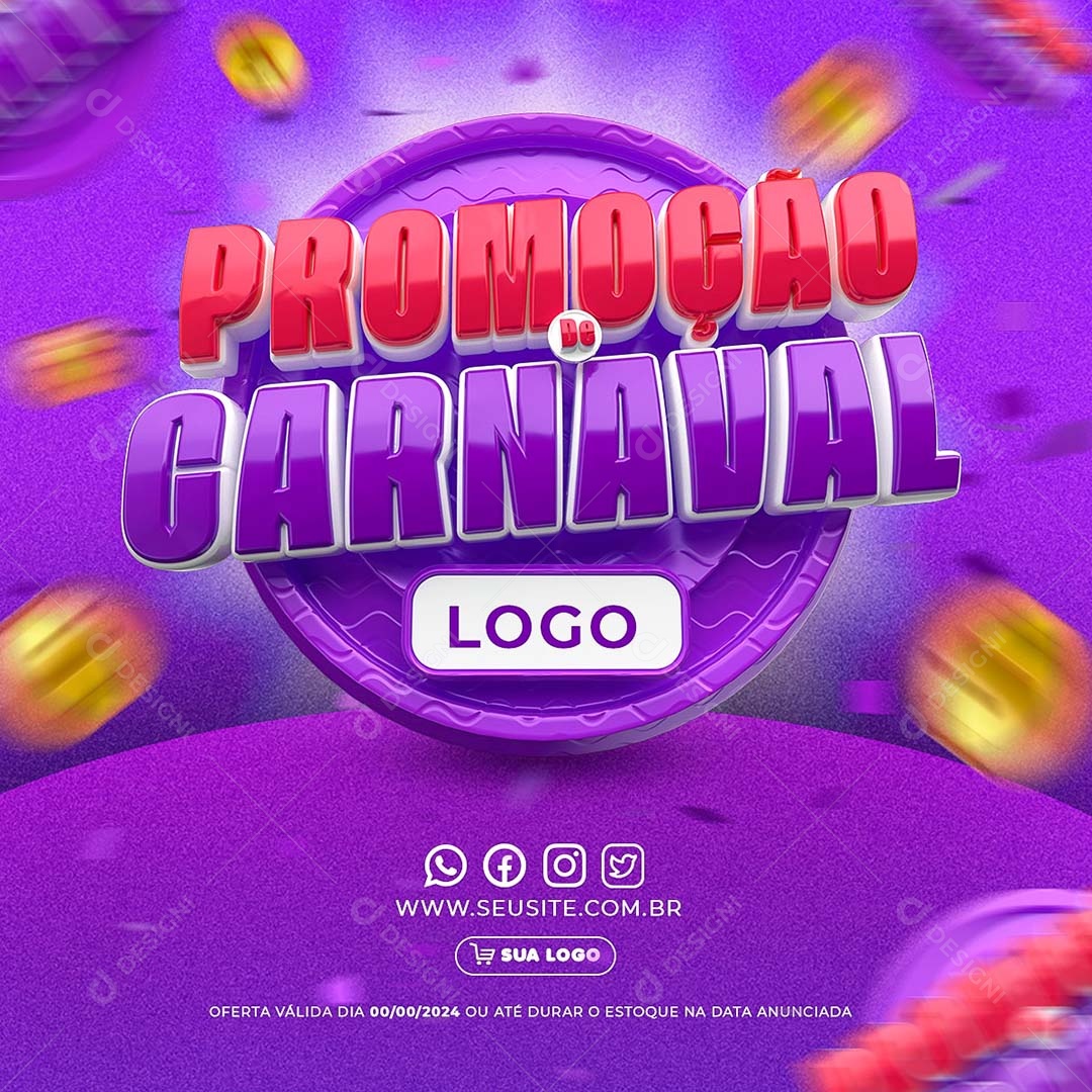 Promoção de Carnaval Selo 3D Vernelho e Roxo para Composição PSD