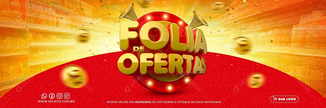 Carrossel Folia de Ofertas Selo 3D Dourado Vermelho para Composição PSD