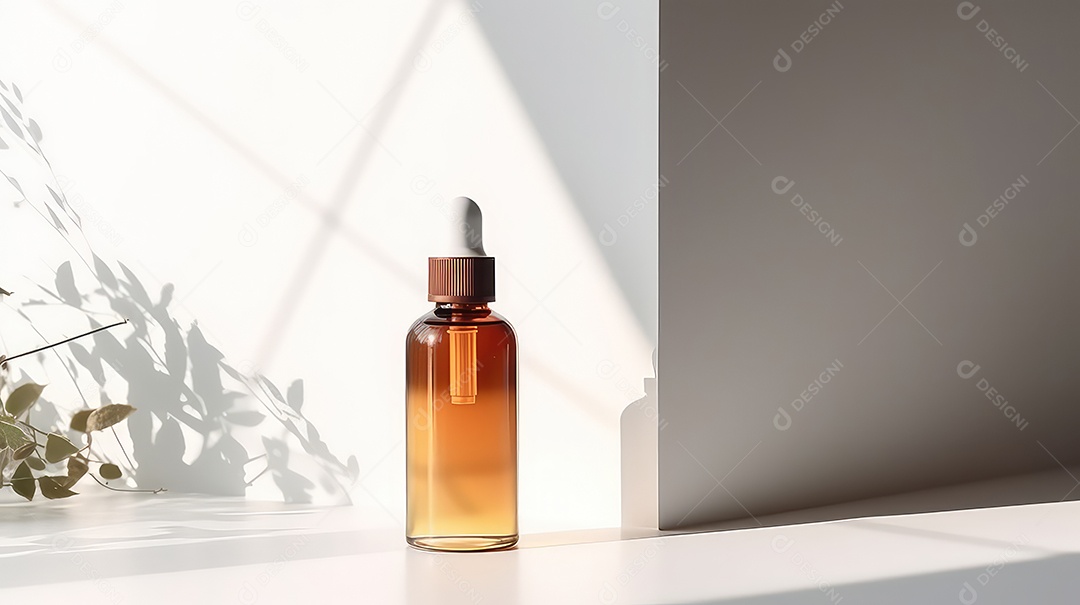 Frasco conta gotas de vidro âmbar com pipeta sobre mesa branca