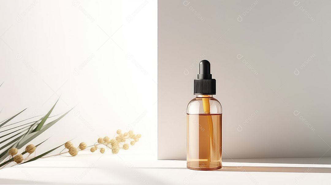 Frasco conta gotas de vidro âmbar com pipeta sobre mesa branca