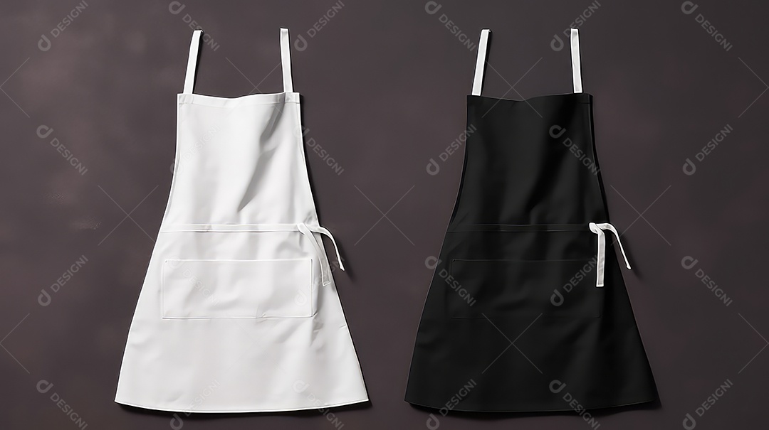 Avental branco e preto com cabide de madeira em fundo escuro