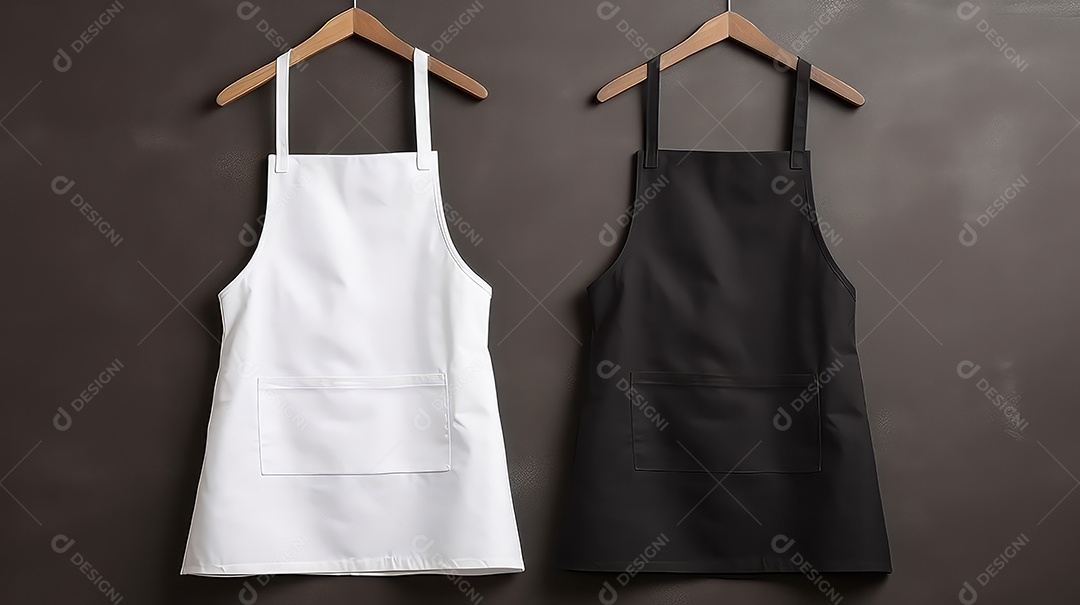 Modelo de avental branco e preto com cabide de madeira em fundo escuro