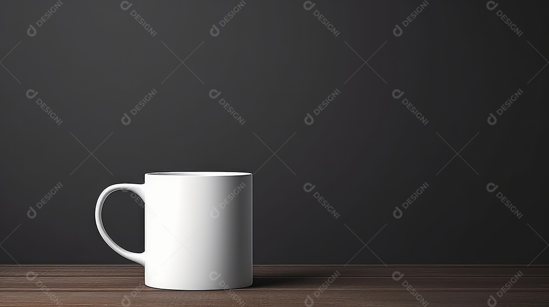 Caneca branca sobre uma mesa de madeira contra um fundo preto