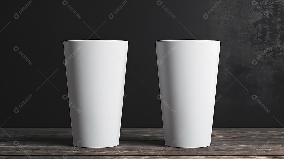 Dois copos de papel brancos sobre uma mesa de madeira