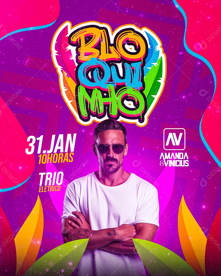 Flyer Carnaval Bloquinho Amanda & Vinicius Social Media PSD Editável