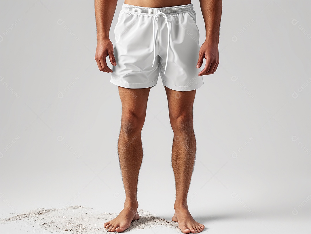 Modelo de calção de banho masculino branco em branco sobre fundo branco