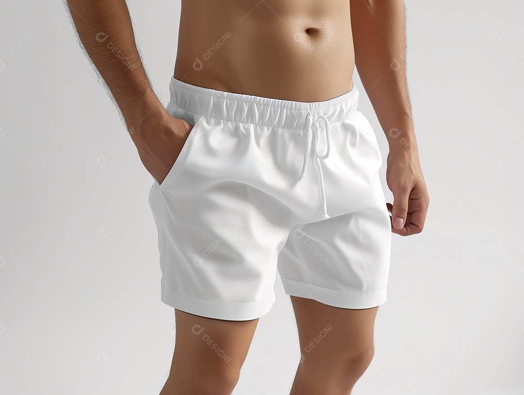 Modelo de calção de banho masculino branco em branco sobre fundo branco