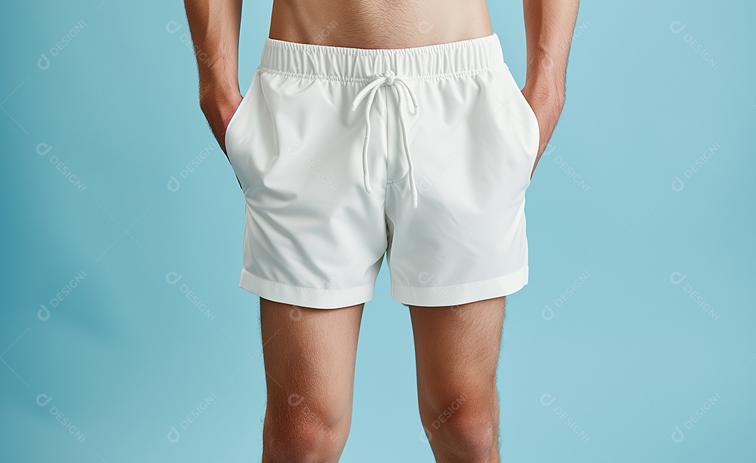 Modelo de calção de banho masculino branco em branco sobre fundo branco