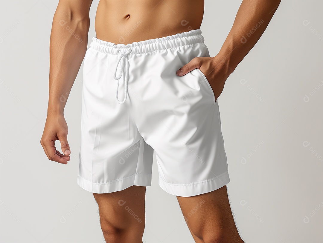 Modelo de calção de banho masculino branco em branco sobre fundo branco