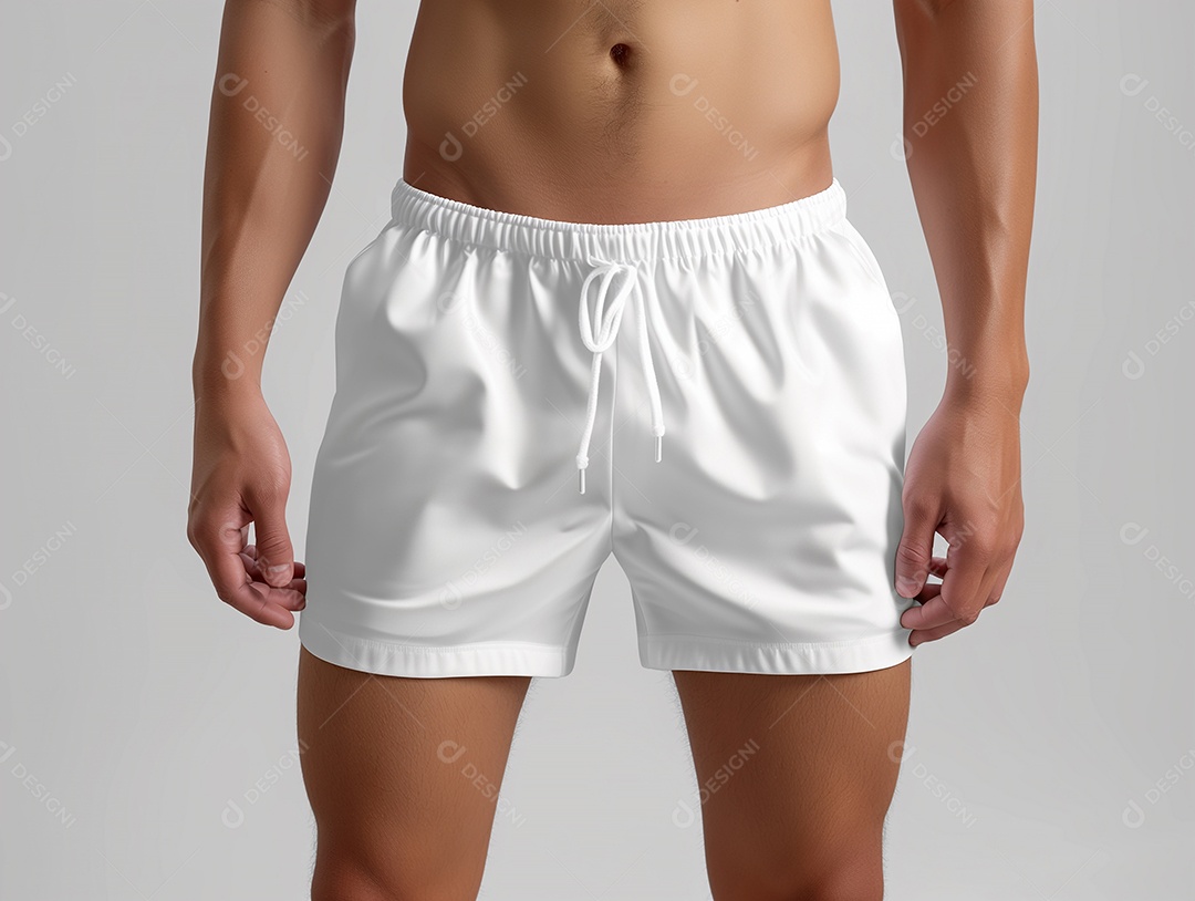 Modelo de calção de banho masculino branco em branco sobre fundo branco