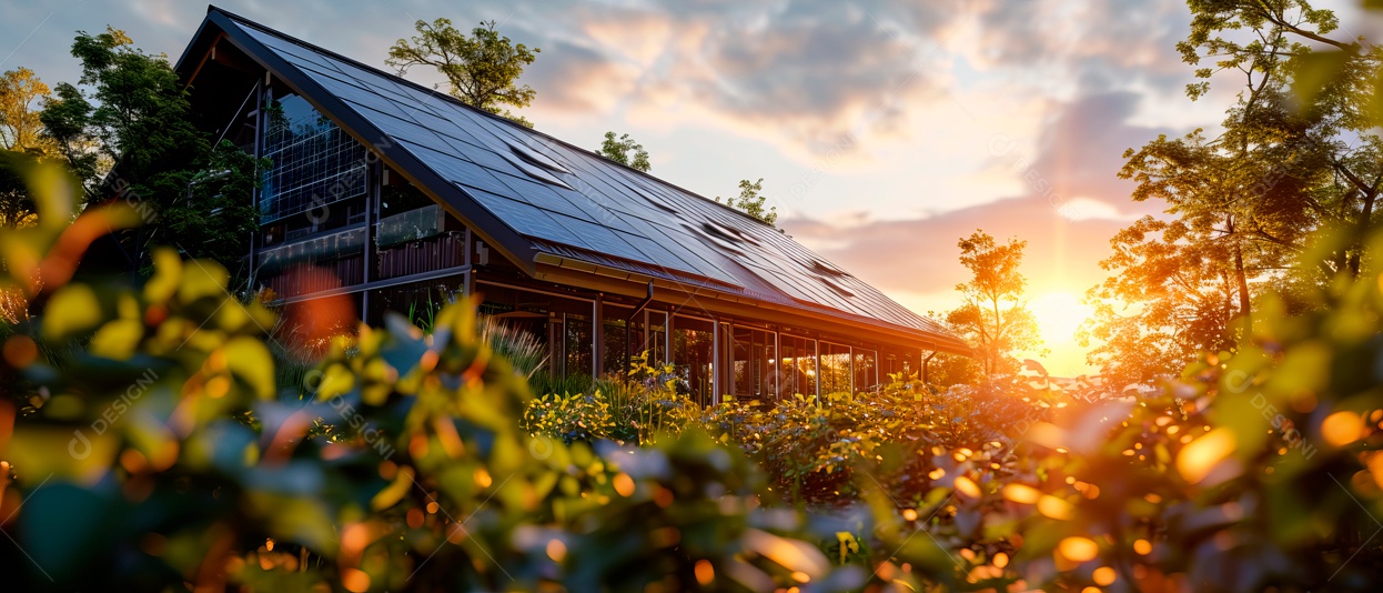 Prédio com painéis solares no telhado IA generativa.