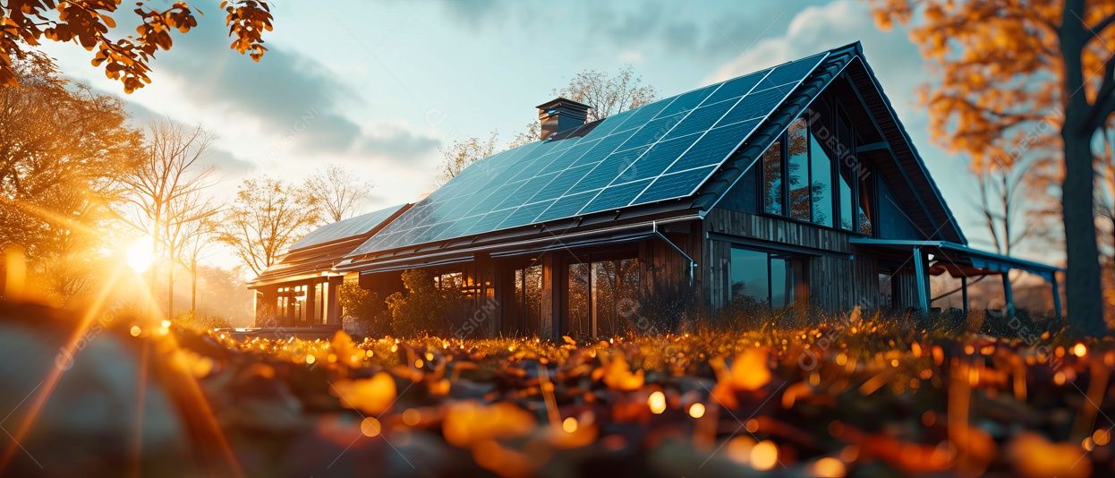 Prédio com painéis solares no telhado IA generativa.