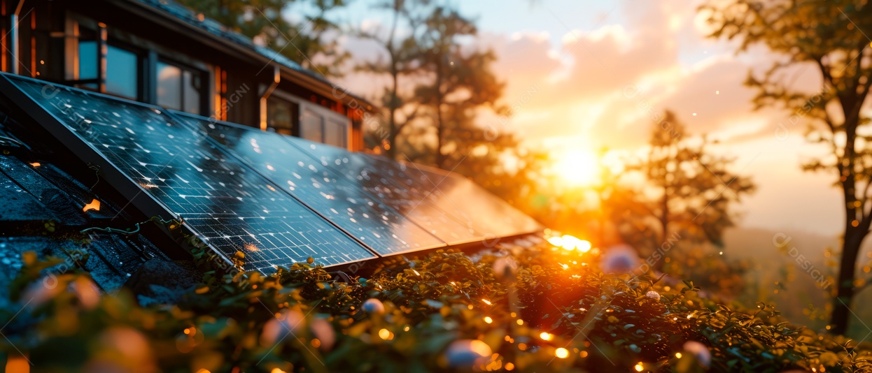 Prédio com painéis solares no telhado IA generativa.