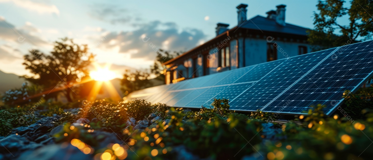 Prédio com painéis solares no telhado IA generativa.