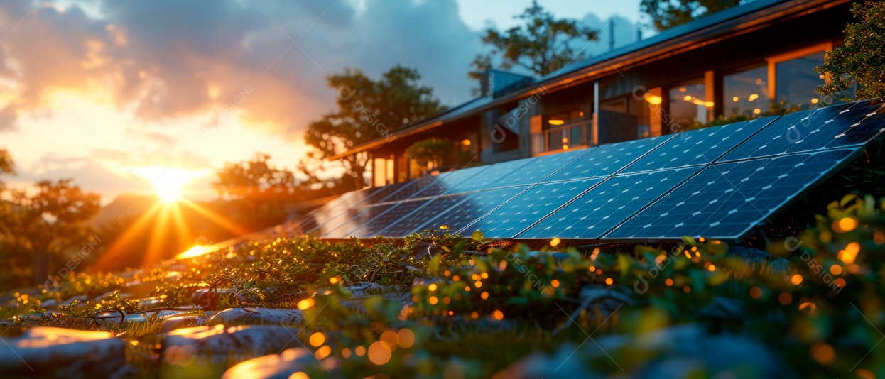 Prédio com painéis solares no telhado IA generativa.