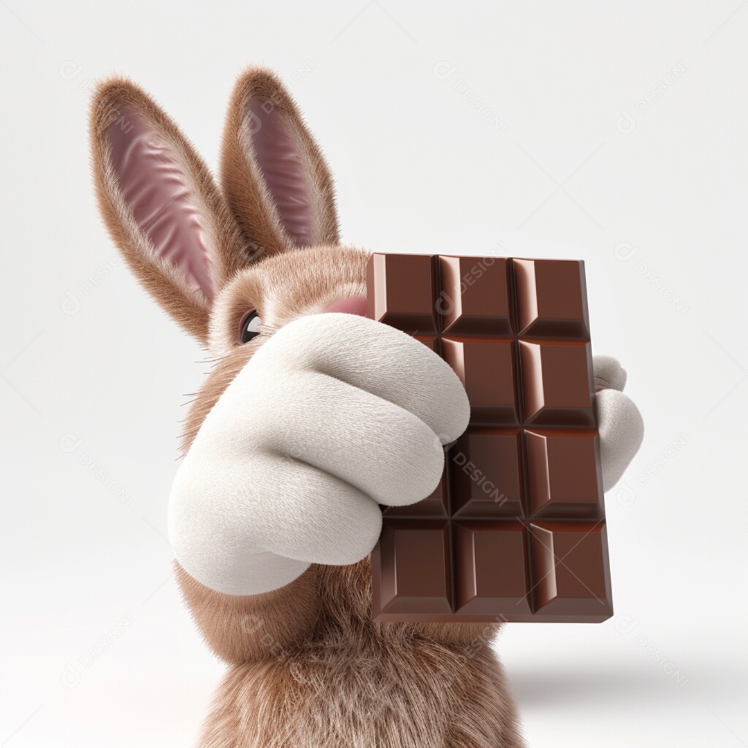 Coelho da Páscoa segurando barra de chocolate
