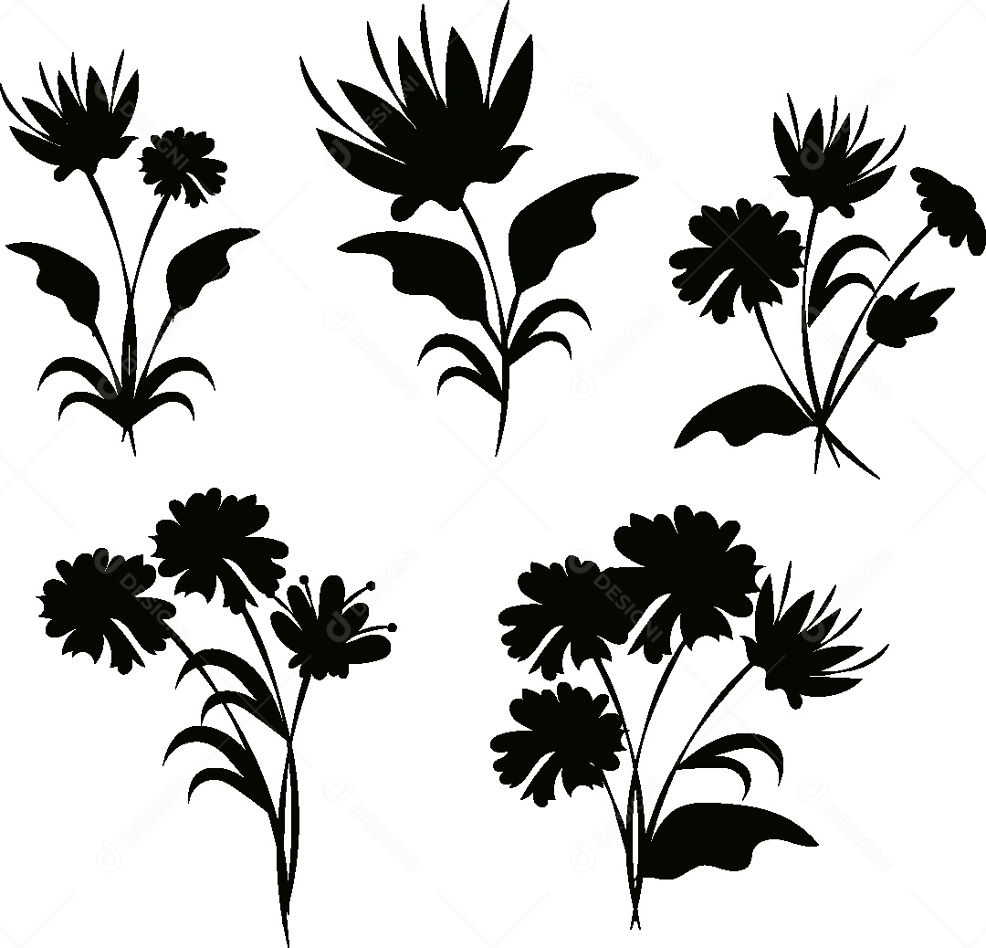 Silhueta de Desenhos de Flores e Folhas Vetor EPS