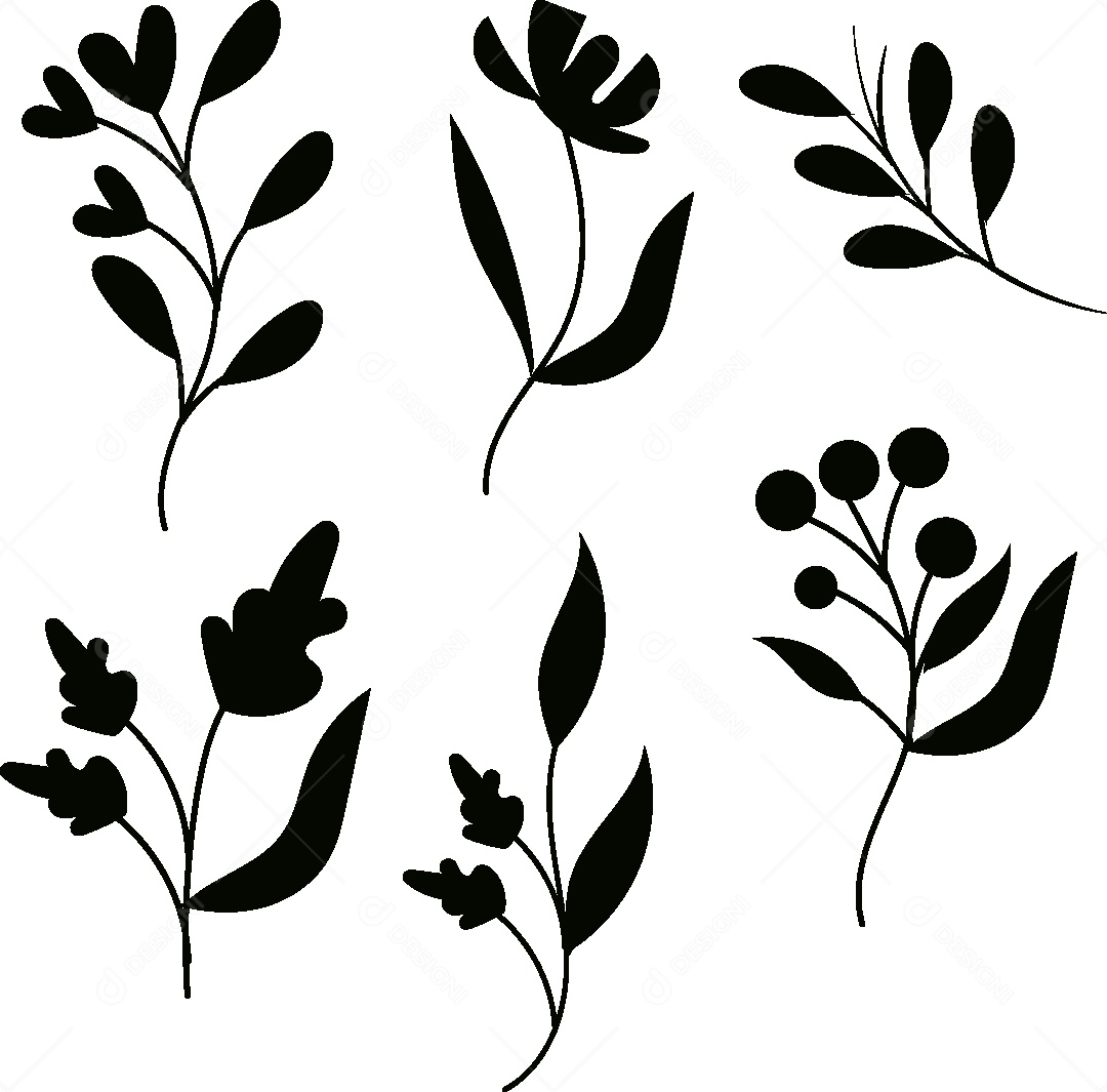 Silhueta de Desenhos de Flores e Folhas Vetor EPS